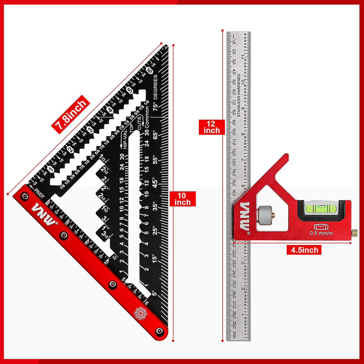 VNW 7inch Rafter Square and 12inch Combination Square Set -CNC-Machined Aluminum Alloy,Heavy Duty Carpenter Square for Woodworking and Home DIY