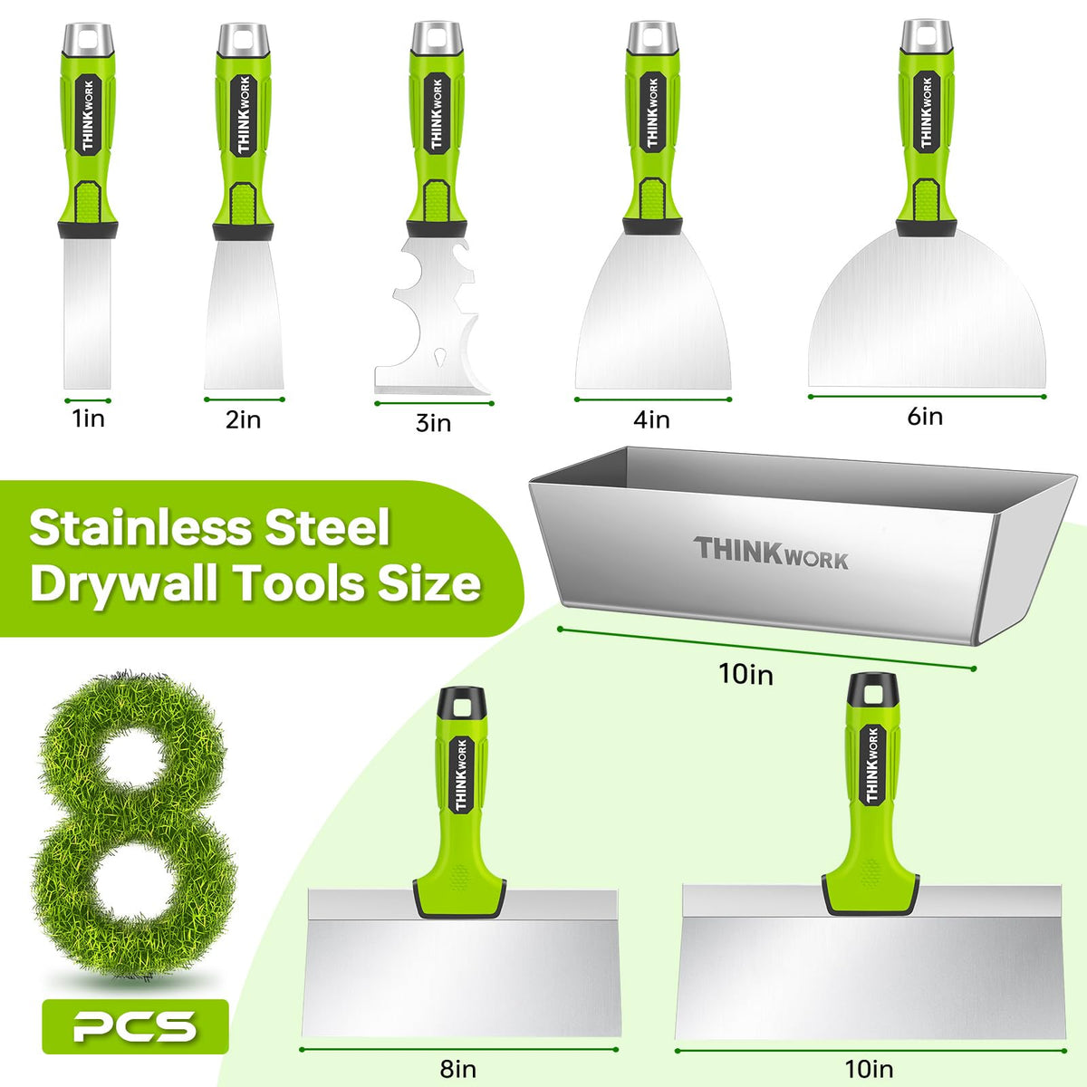 THINKWORK 8Pcs Drywall Tools, Drywall Knife Set with 10" Mud Pan