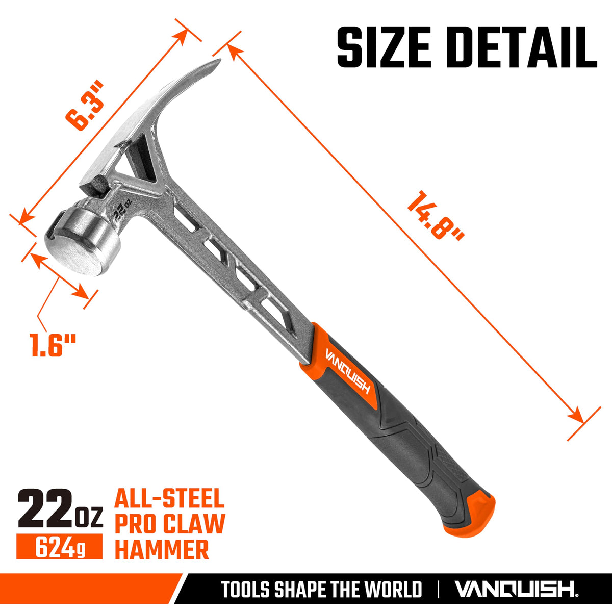 VANQUISH Framing Hammer 22oz One Piece Forged Straight Claw Hammer with Smooth Face & Shock Reduction Grip, Claw Hammer with Magnetic Nail Holder Side Nail Puller, 0630