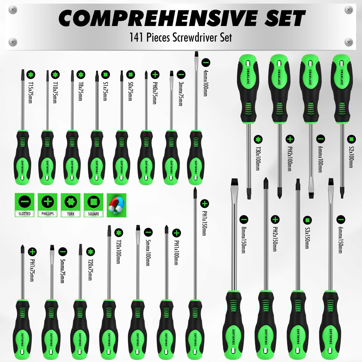 141-Piece Magnetic Screwdriver Set with Plastic Rack, Torx/Slotted/Phillips Precision Screwdrivers, SAE & Metric Hex Key Kit, Ratchet Handle & Screwdriver Bits, DIY Tools for Gift