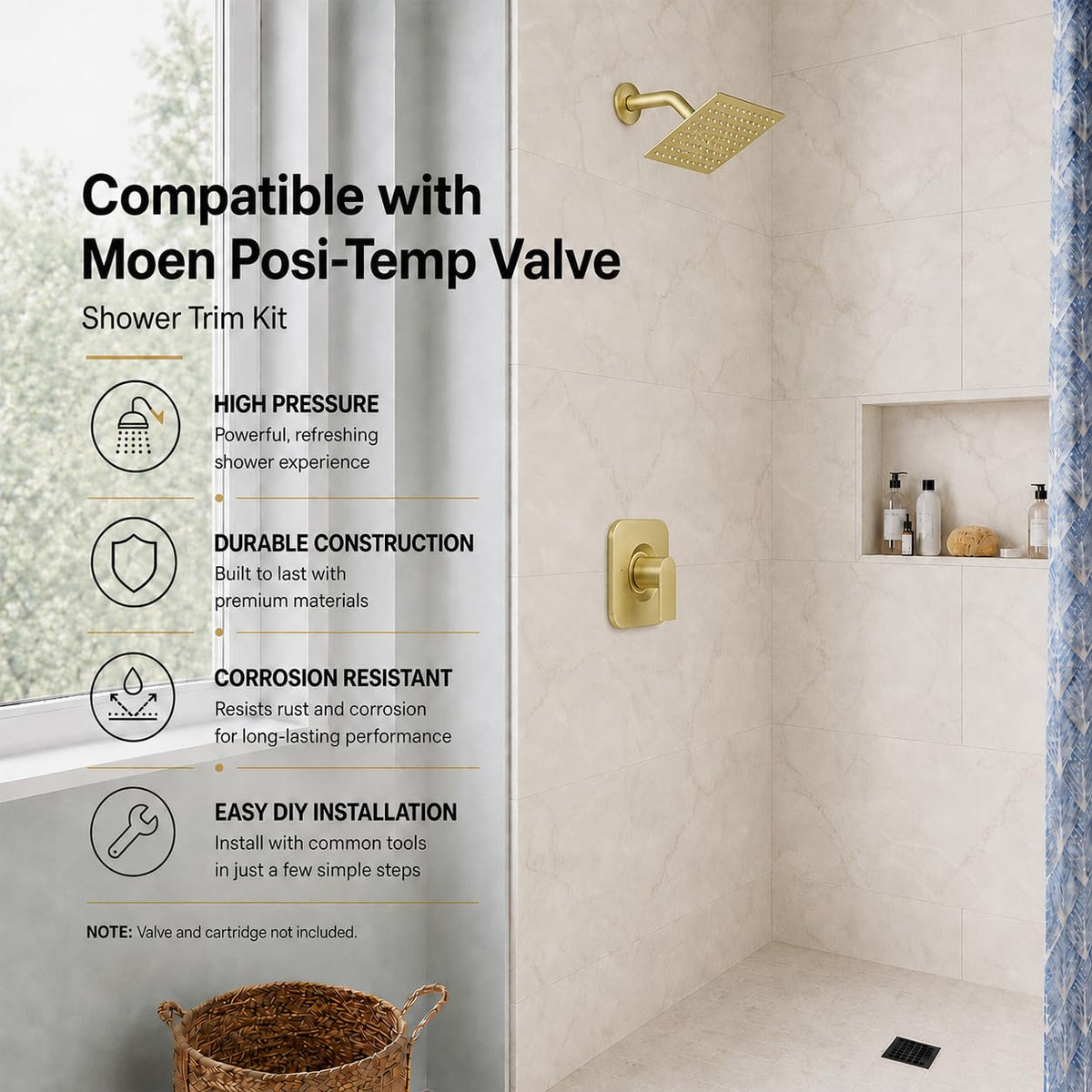Compatible with Moen Posi-Temp Valve Shower Trim Kit,Replacement for 2510, 2520, 2570, 2590 Valve Shower Faucet Set,Brushed Gold (Valve and Cartridge Not Included)