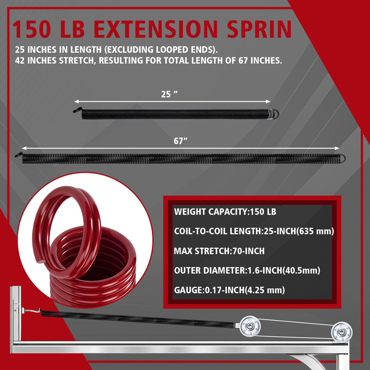 MorningRo Heavy-duty Garage Door Extension Springs Kit 150 lb Red