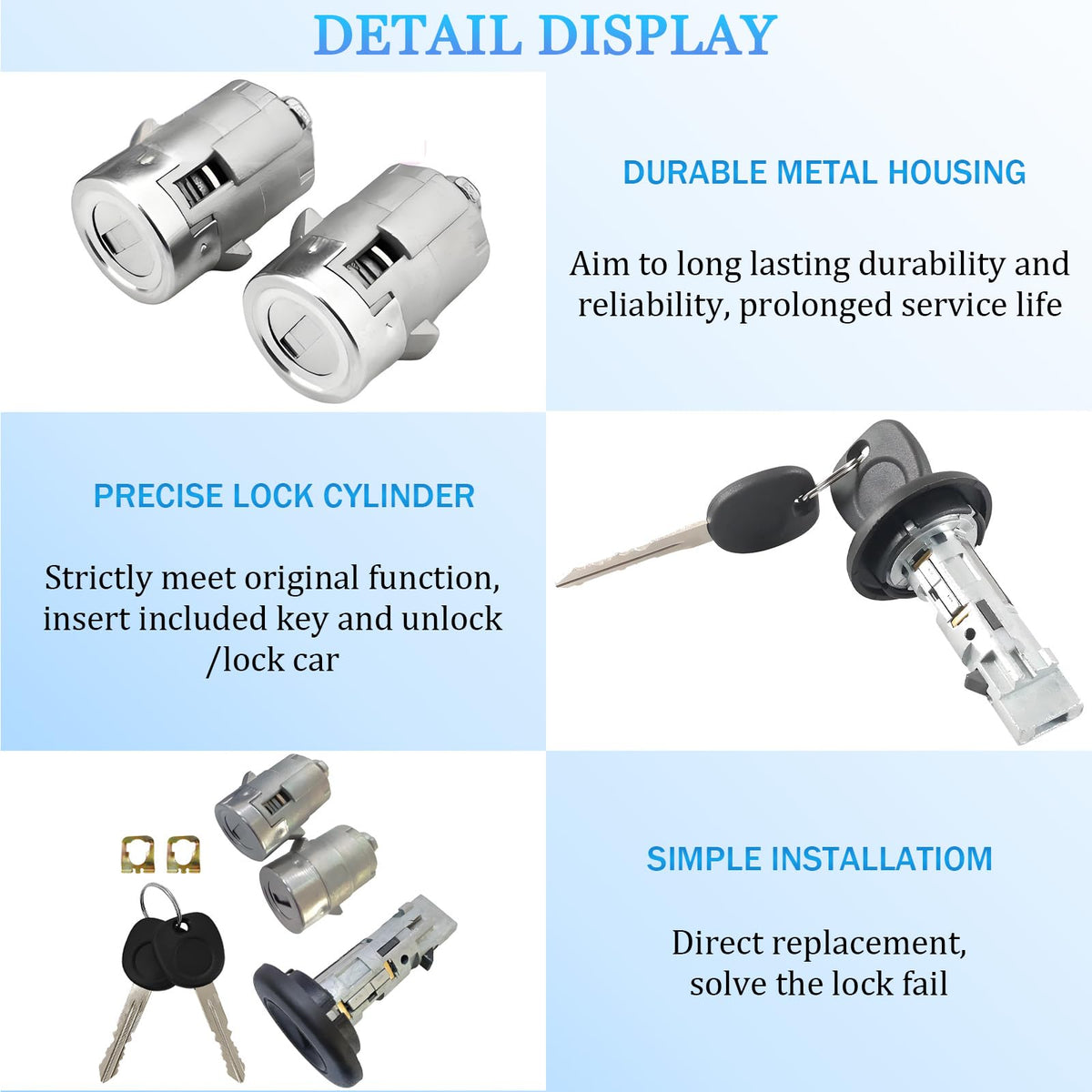 Ignition Switch Lock Cylinder w/Keys & Pair Door Lock Cylinders Replacement