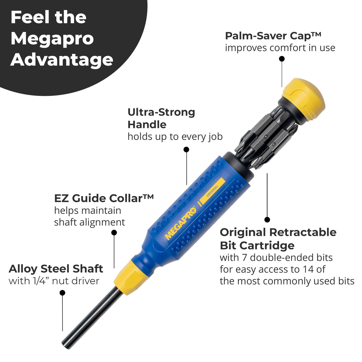 MEGAPRO® 15-in-1 Original Multi-bit Screwdriver, Home DIY & Repair, Construction, Tradeswork, 14 Industrial-grade bit tips, 1/4" Hex Drive in shaft (The Original)