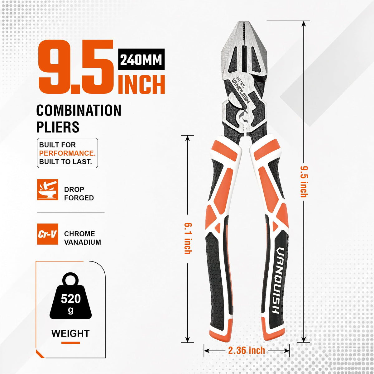 VANQUISH 9.5-Inch Linesman Pliers, Laser Hardened Cutting Edges