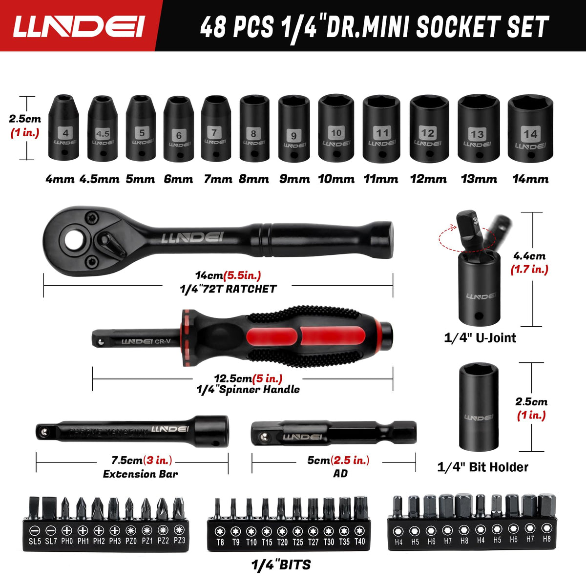 LLNDEI 48 Piece 1/4" Mini Socket Ratchet Wrench Set, Metric Shallow(4-14mm)