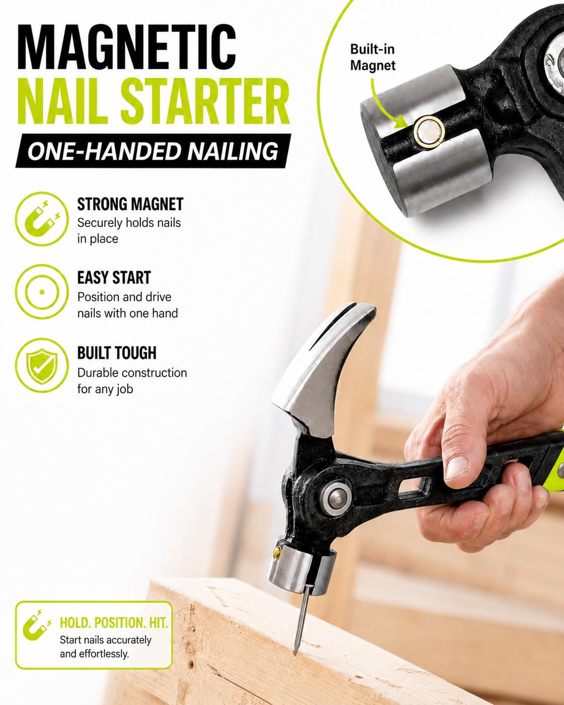 Adjustable Claw Hammer with 4-Position Nail Puller and Magnetic Starter
