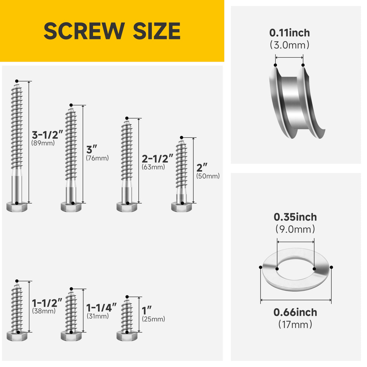 Mywish 5/16 Hex Head Lag Screws Assortment Kit, 74Pcs Heavy Duty Lag Bolts with Washers, 304 Stainless Steel Bolts 18-8 7-Size Wood Screws for Outdoor, Bright Finish 5/16 Bolt