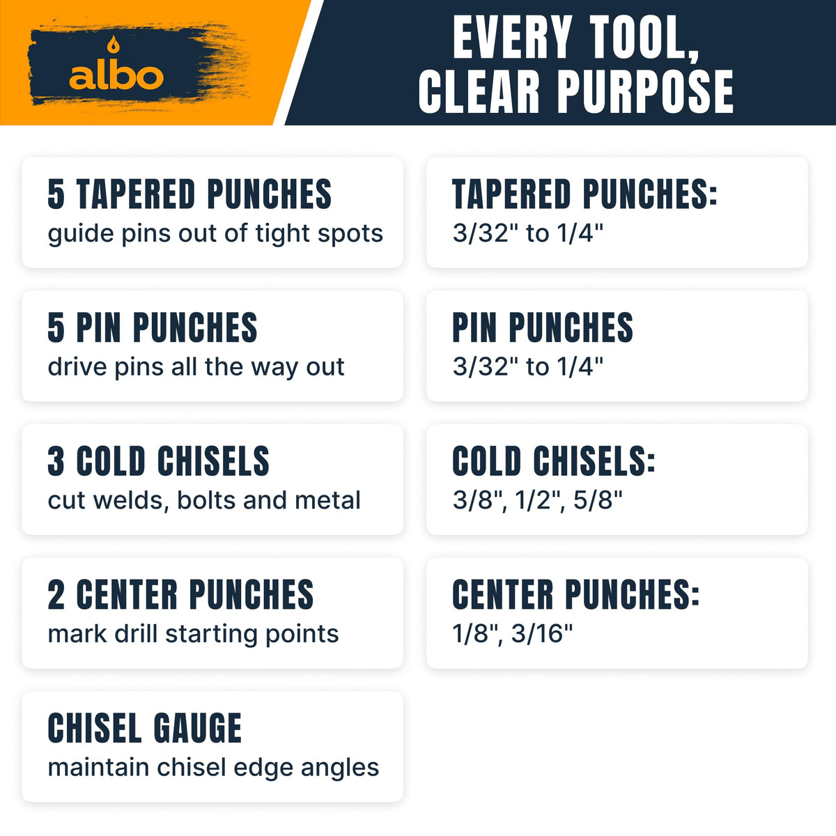 ALBO 16-Piece Punch & Chisel Set, Tapered, Pin & Center Punches, Chisels