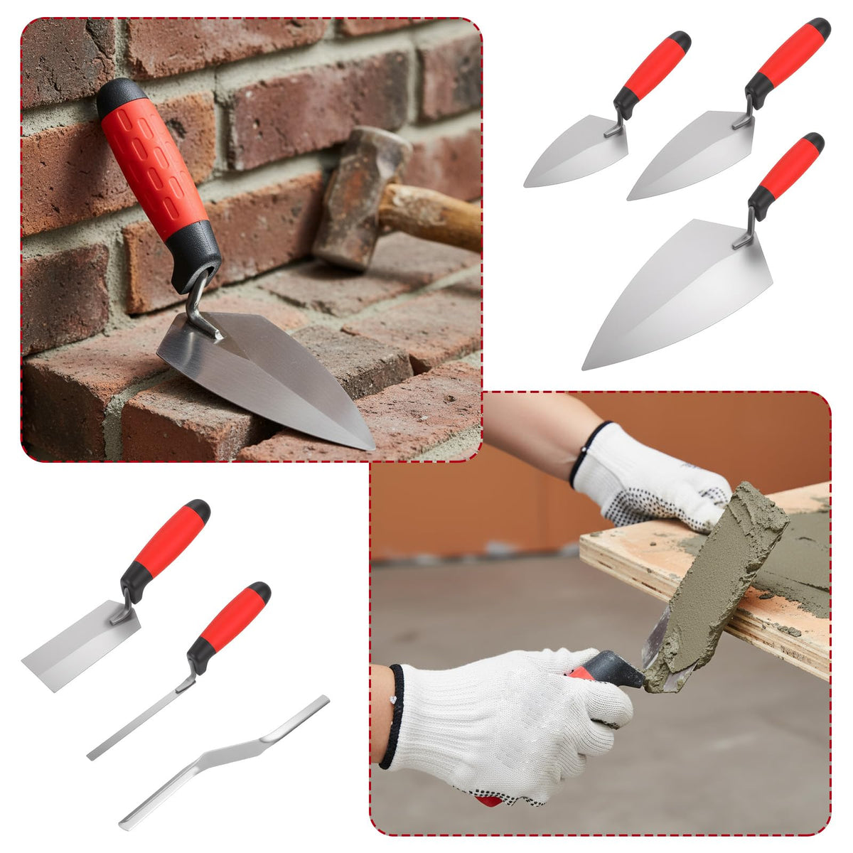 6 Pcs Masonry Hand Tool Set - 11" x 5-1/2" Philadelphia Brick Trowel, 2 Pcs Pointing Trowel, 5" x 2" Margin Trowel, 1/2" Tuck Pointing Trowel, 5/8” x 1/2” Convex Brick Jointer