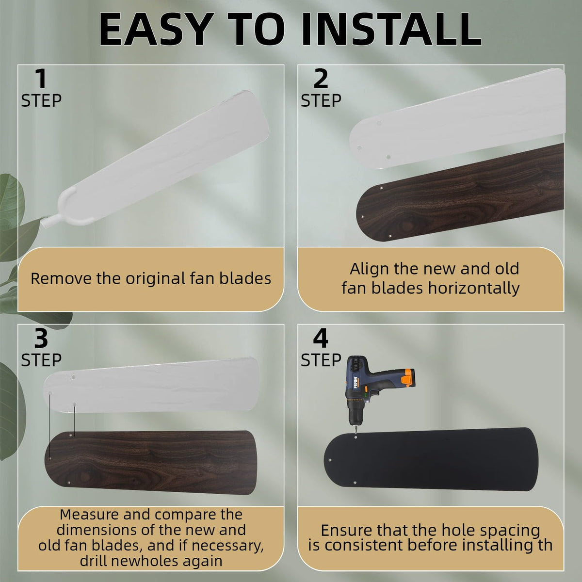 UPSEED 10 Pcs 52 Inch Ceiling Fan Replacement Blades, Sturdy Wood Blades, Black&Black Walnut, Pre-Drilled Holes, Indoor/Outdoor Use, Universal Fan Blades, Easy Installation