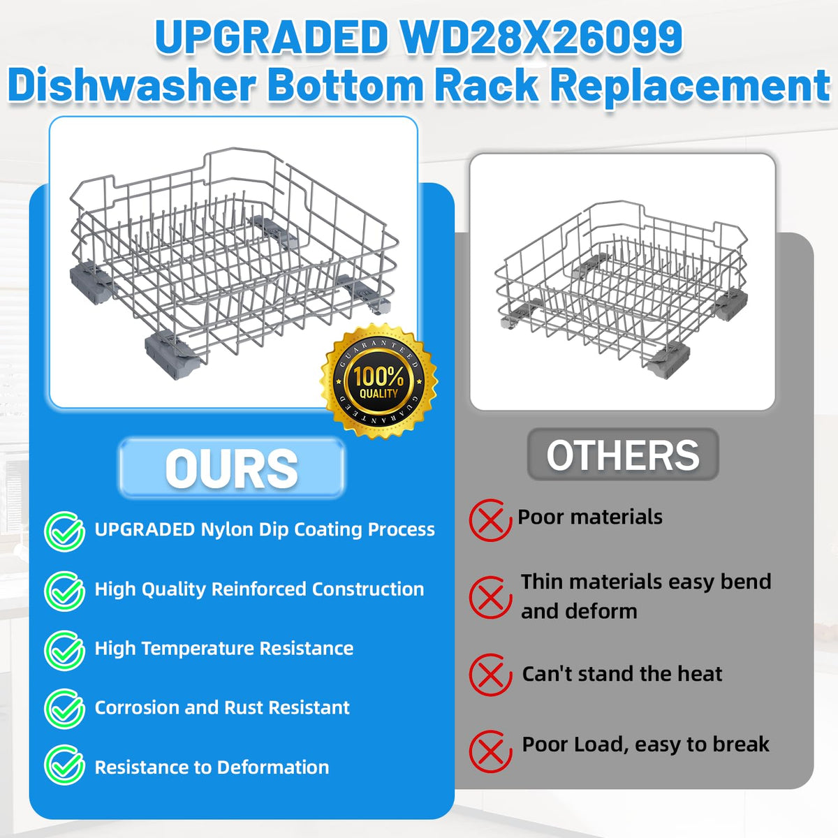 WD28X26099 Dishwasher Lower Rack Replacement for GE Dishwasher Bottom Rack WD28X26099 Bottom Dishrack for GE Dishwasher Parts Rack GDF510PSM0SS GDT535PSM0SS With Silverware Basket And Roller Kit