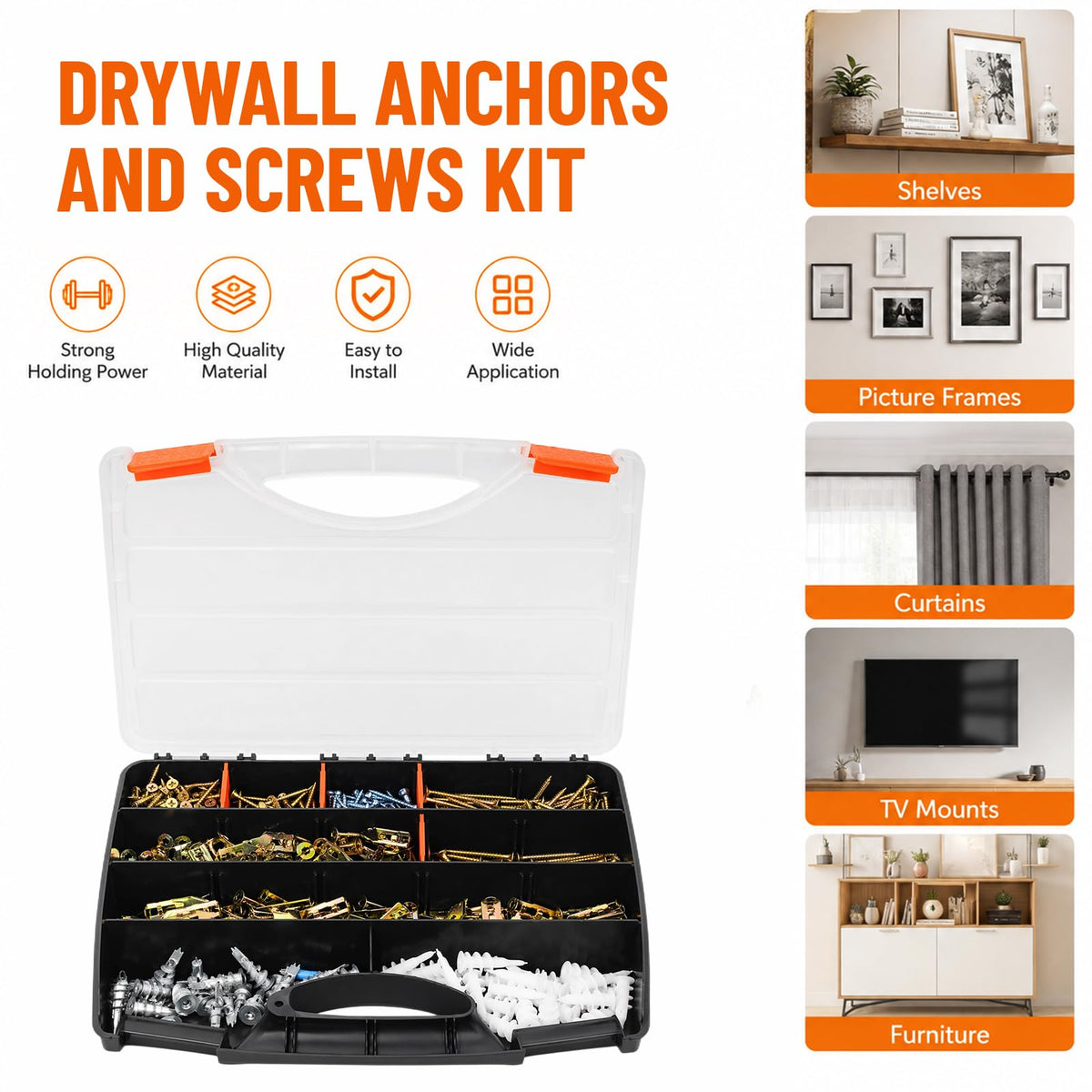 NRNBDG 600 PCS Drywall Anchors and Screws Assortment Kit, Heavy Duty Plaster Wall Expansion Wall Plugs Self Drilling Hollow Wall Anchors for Shelves, Pictures, Curtains, TV Brackets