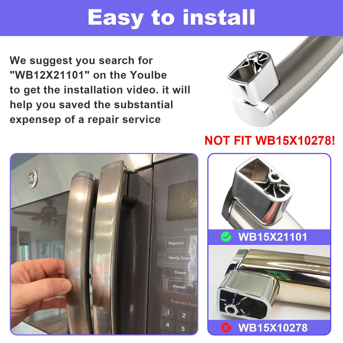 WB15X21101 for GE Microwave Handle Replacement: WB15X21101 Microwave Door Handle for General Electric Microwave JNM3163RJ3SS, PSA9120SF1SS - Upgraded ABS Plastic for Ge Microwave Replacement Parts