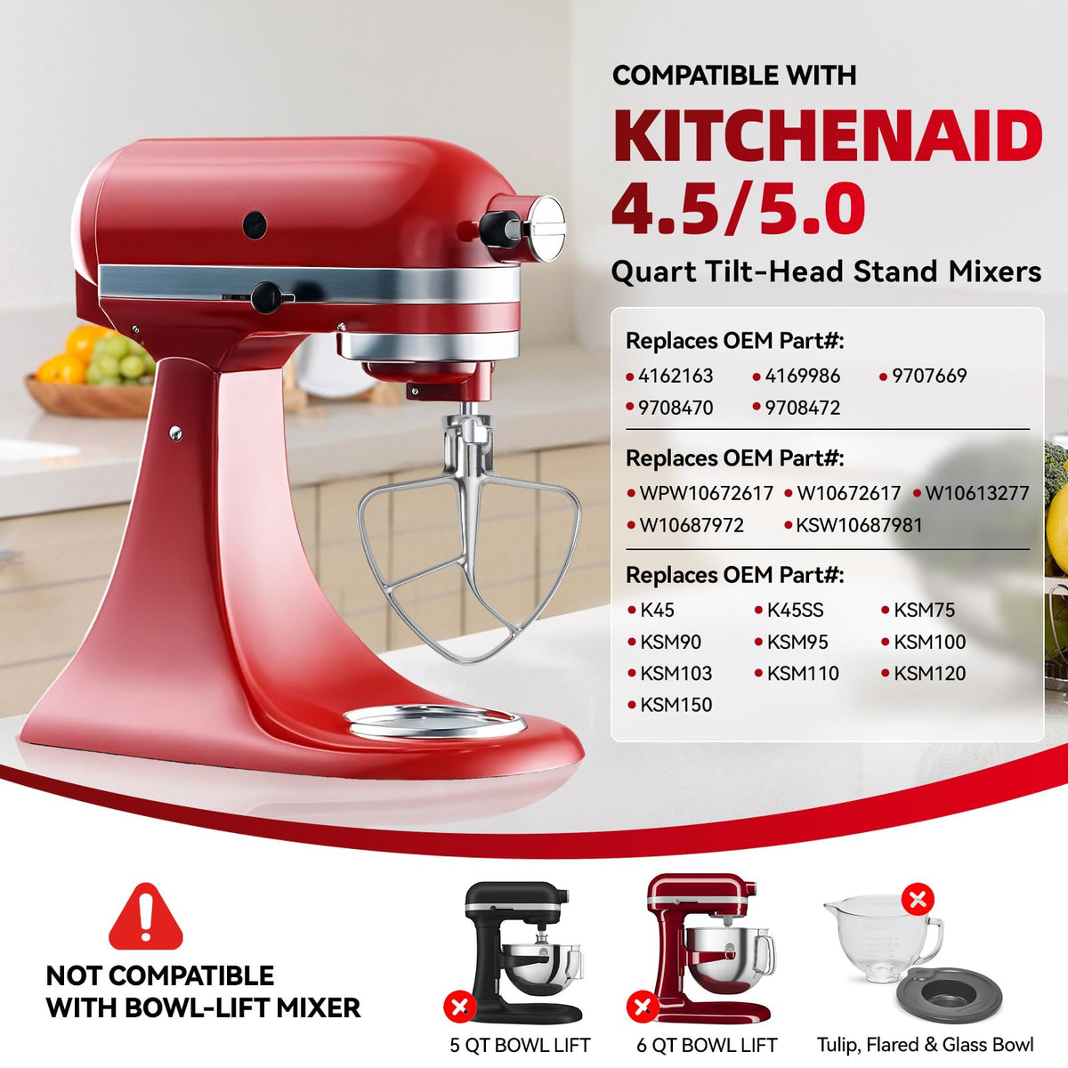 Stainless Steel Flat Beater Attachment for KitchenAid 4.5-5 Qt Tilt-Head Stand Mixers,Third-Party Replacement Paddle