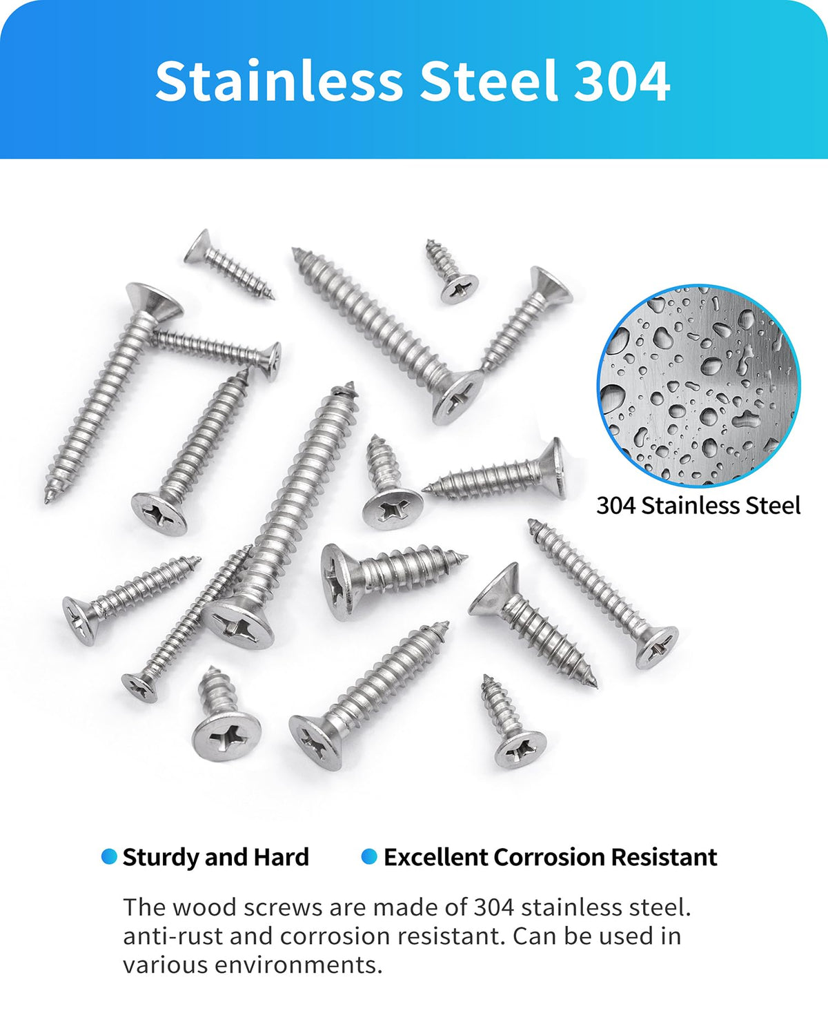 DIVANC 550Pcs 304 Stainless Steel Wood Screws Assortment Kit, Phillips Flat Head Sheet Metal Screw Self Tapping Screws Set, #4#6#8#10#12 Wood Assorted Screws, Length 1/4" to 1-1/2" (Flat Head 550PCS)
