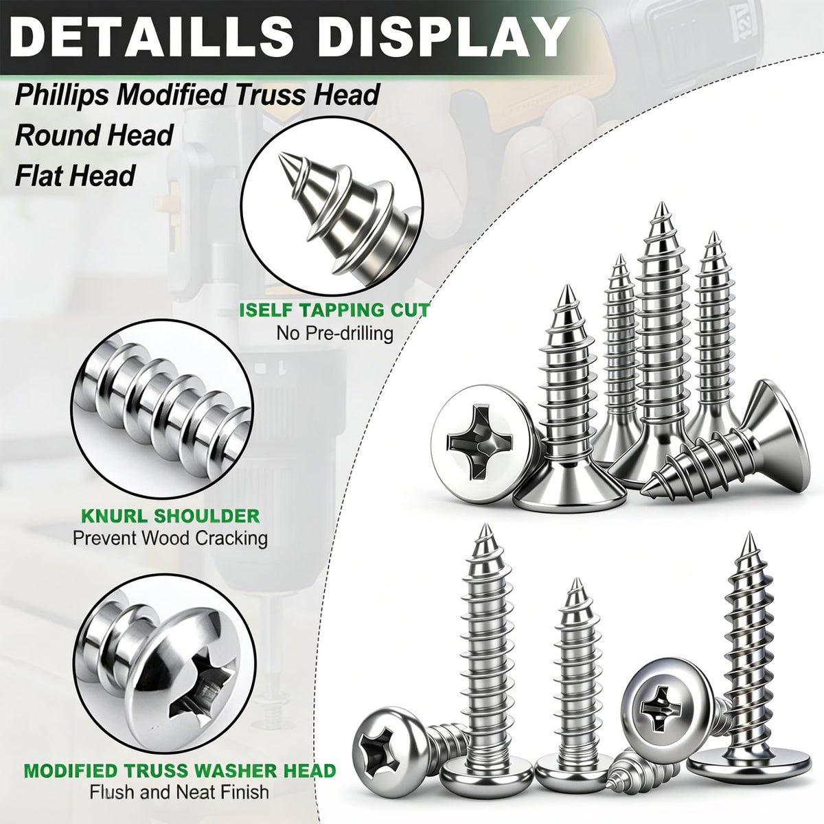 YTSyljlxx 1000PCS Wood Screws Assortment Kit,#8/M3/M4/M5/M6 Assorted 304 Stainless Steel Marine Grade Screws,Pan & Flat & Phillips Truss Head Assorted Screws(1/2" to 2" Length)