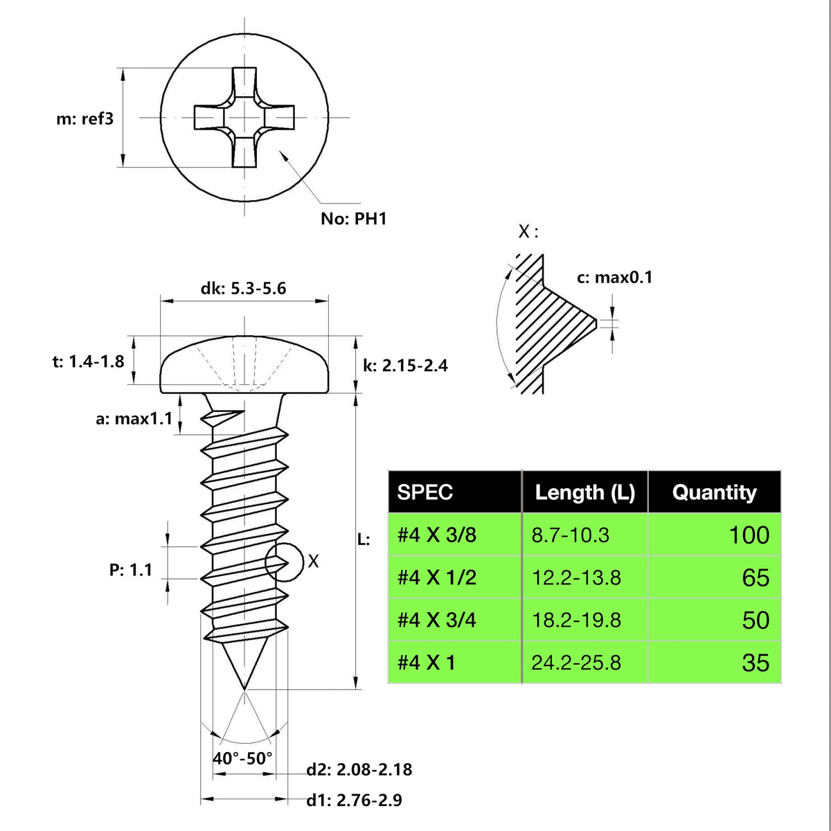 EEEEE Self Tapping Screws Assortment Set 552pcs, Assorted Screws SAE #4#6#8#10#12 304 Stainless Steel Sheet Metal Screws Kit Phillips Drive Wood Screw Assortment (SAE Pan Head 552pcs)