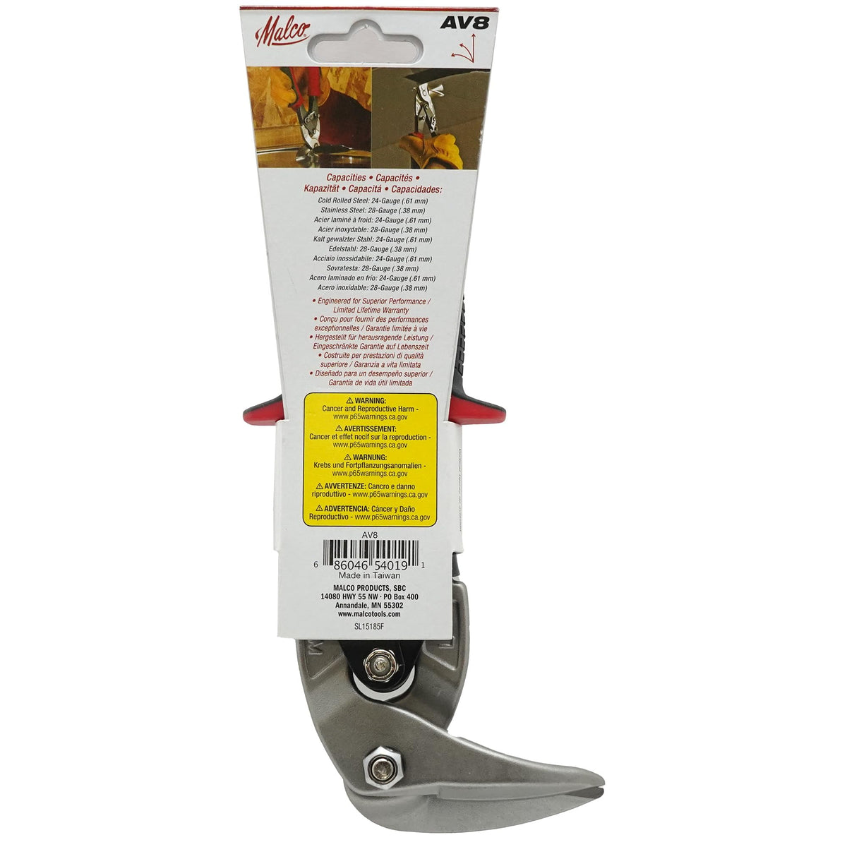 Malco AV8 Left Cutting Vertical Aviation Snips, 90-Degree Forged Steel Jaws for Overhead & Tight Spaces, Cuts 24-Gauge Steel & 28-Gauge Stainless, Red Non-Slip Cushion Grips