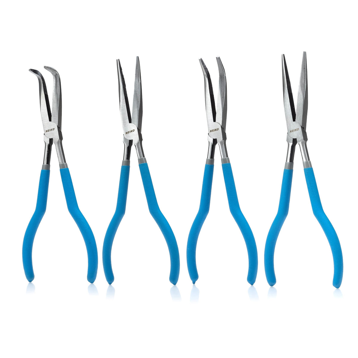 NEIKO 02105A (4) Long Nose Plier 11” Long Reach, Straight, Angle, Curved Pliers, 45 & 90 Degree, bent Head Needle Nose Pliers Set for Mechanics, Long Handle Pliers