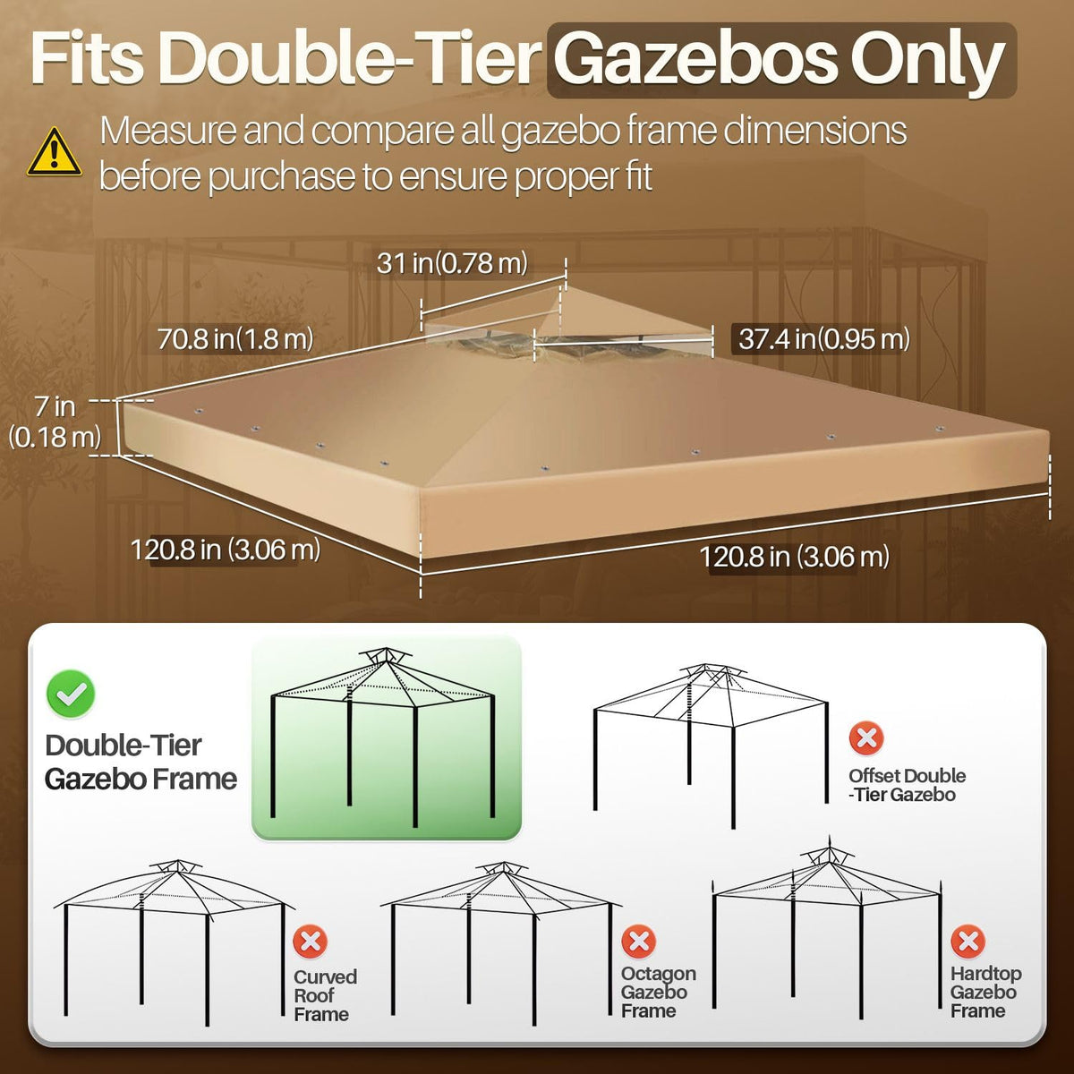 Flexzion Gazebo Cover Replacement Canopy Top 10x10 Ft (3m x 3m) - Double Tier Top Canopy Cover Replacement with UV30+, Dirt, Water Resistant for Outdoor, Sunshade, Garden, Patio, Pavilion (Beige)