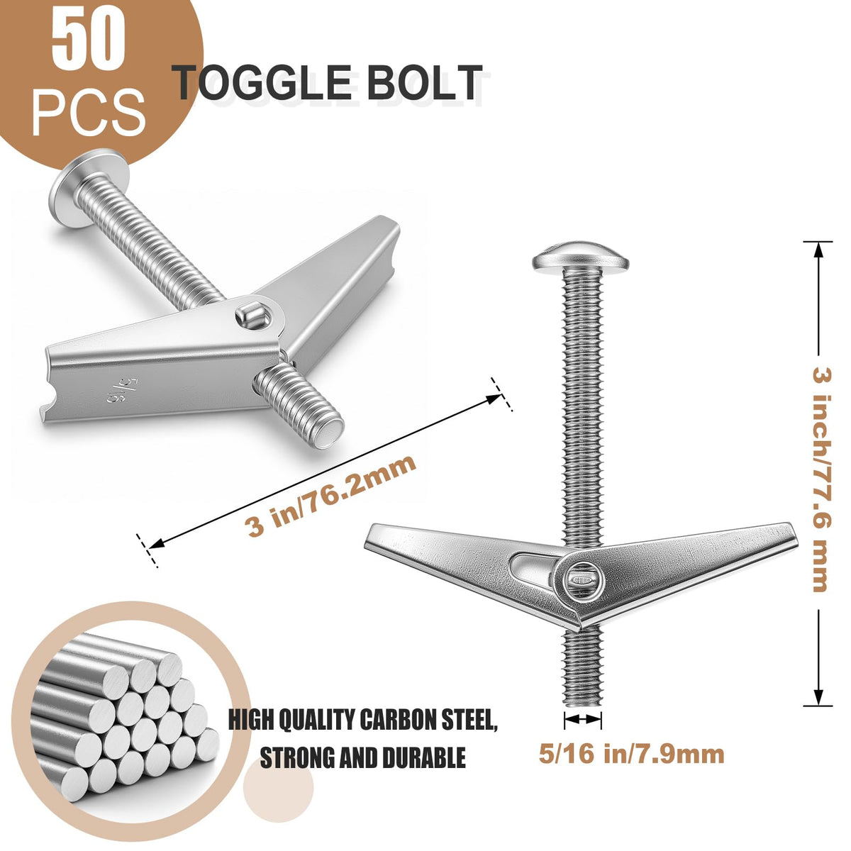 Yaocom 50 Pcs 5/16" X 3" Toggle Bolts and Wing Nut Wall Anchor for Drywall