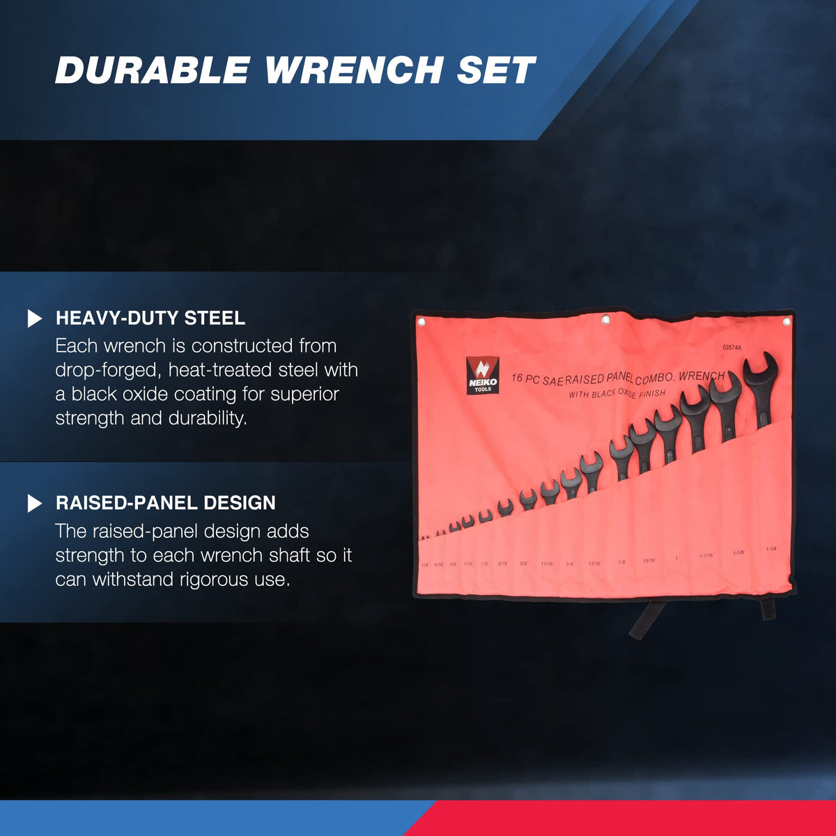 Neiko 03574A Jumbo Combination Wrench Set, 16 Piece, SAE, 1/4” to 1-1/4”, Raised Panel Construction