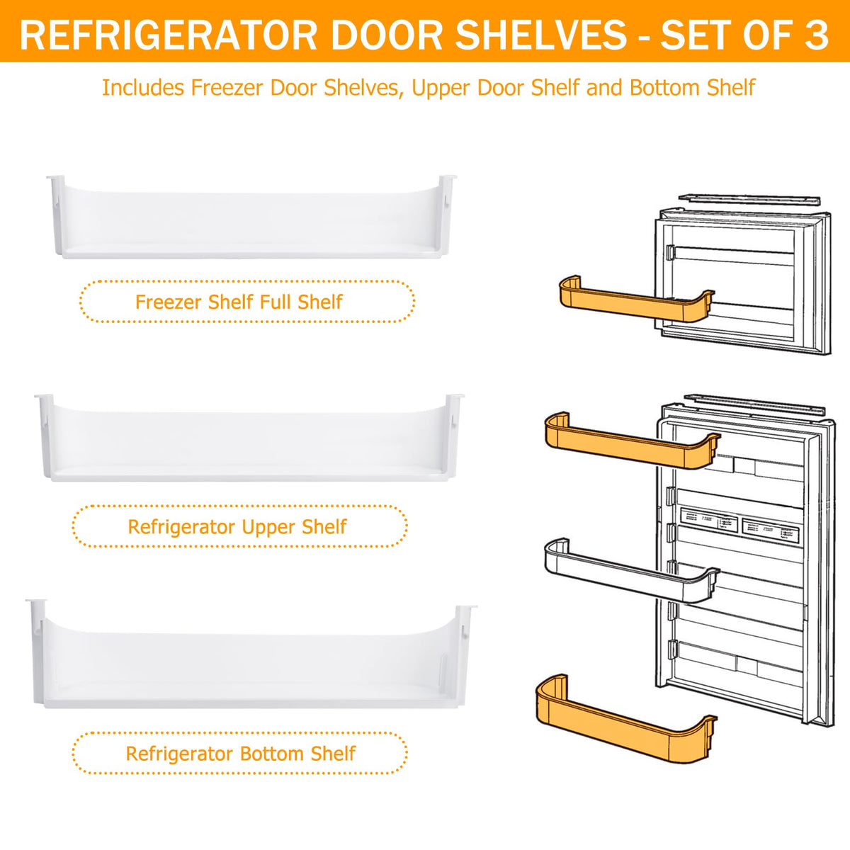 Genukraft 29325760166 RV Fridge Door Shelf Replacement Kit, Fit for Dometic DM2652 DM2852 RM Series Fridges 3 Pack White Freezer Upper Bottom Door Bin Snap-In Food Grade Replacement