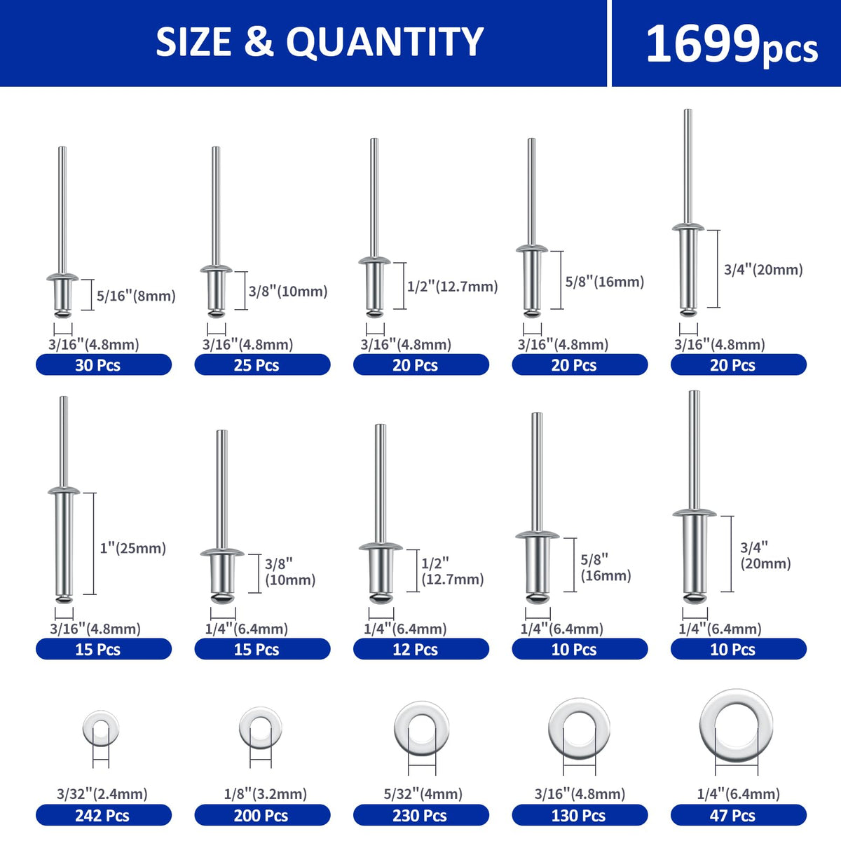 1699Pcs Silver Aluminum-steel Pop Rivets and 304 Stainless Steel Washers Assortment Kit,25 Sizes(3/32", 1/8",5/32", 3/16", 1/4"), with Double-Sided Storage Box, for Metals, Furniture, Automotive