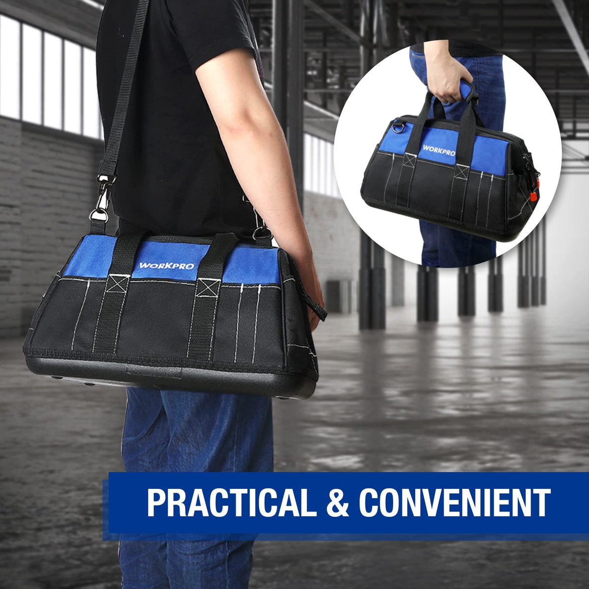 WORKPRO 16-inch Wide Mouth Tool Bag with Water-Proof Molded Base