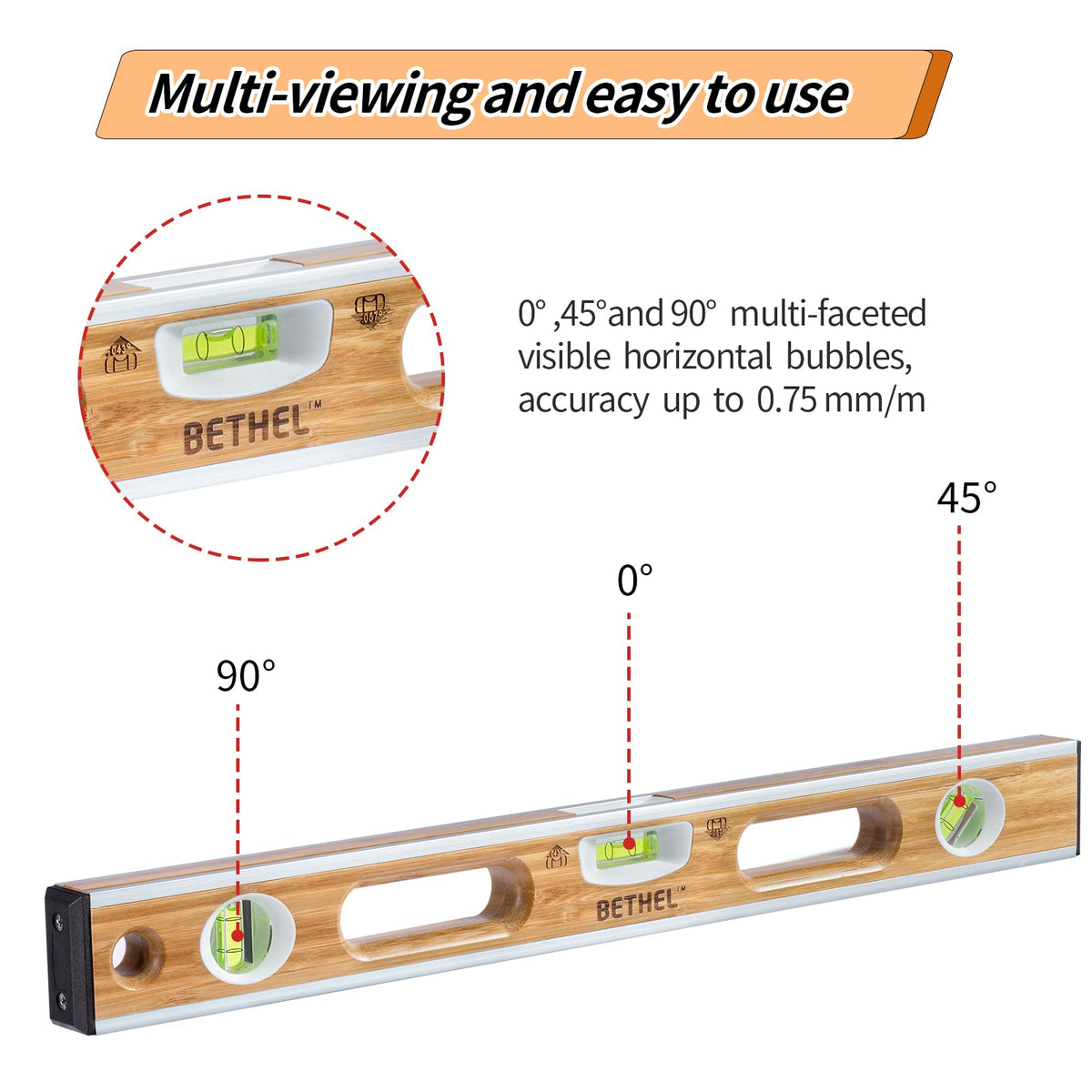 BETHEL Bamboo Level, 24 Inch Level Tool Resists Mortar Adhesion Measuring