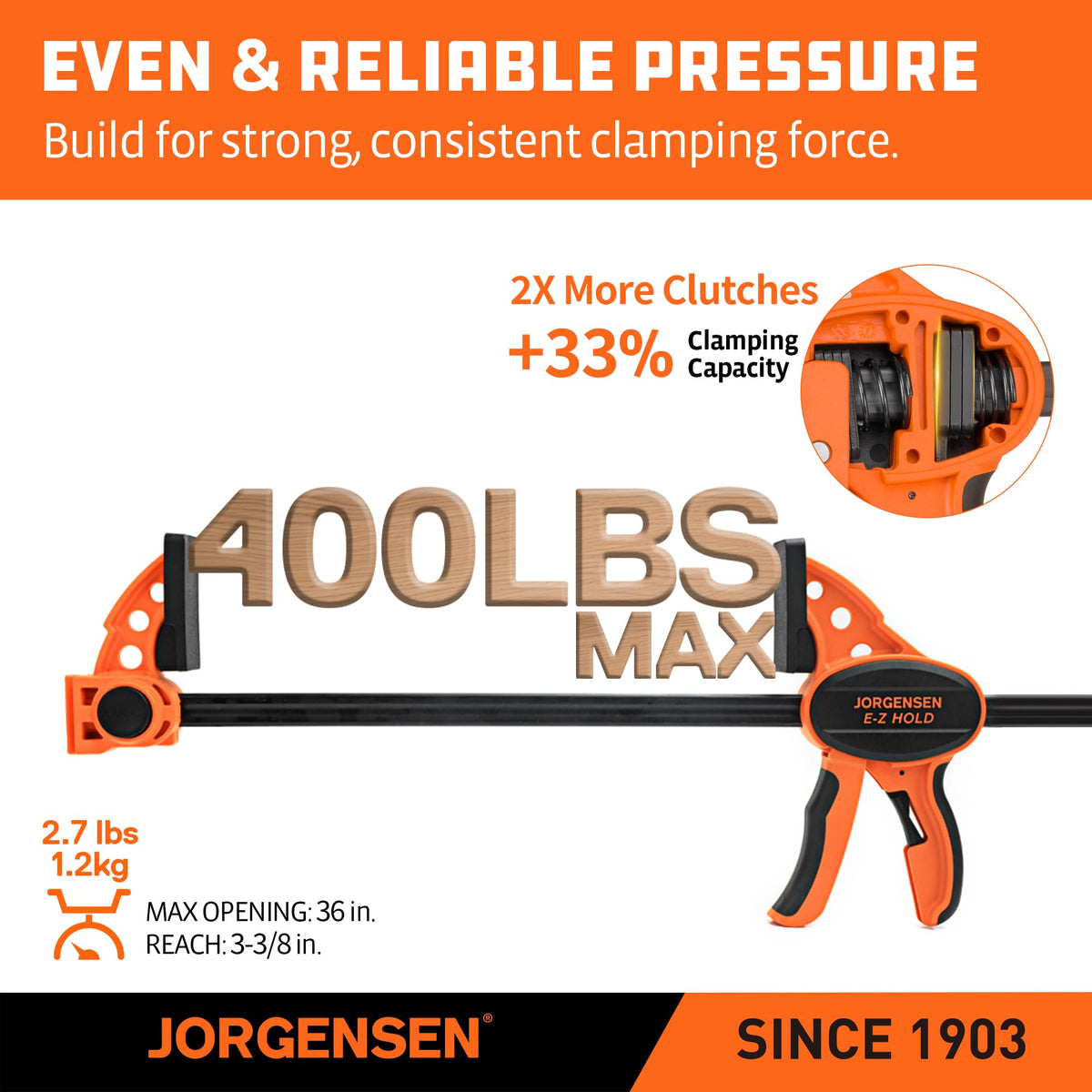 Jorgensen 36" E-Z Hold Medium-Duty Bar Clamps, 400 lbs Load Limit, 2-Pack