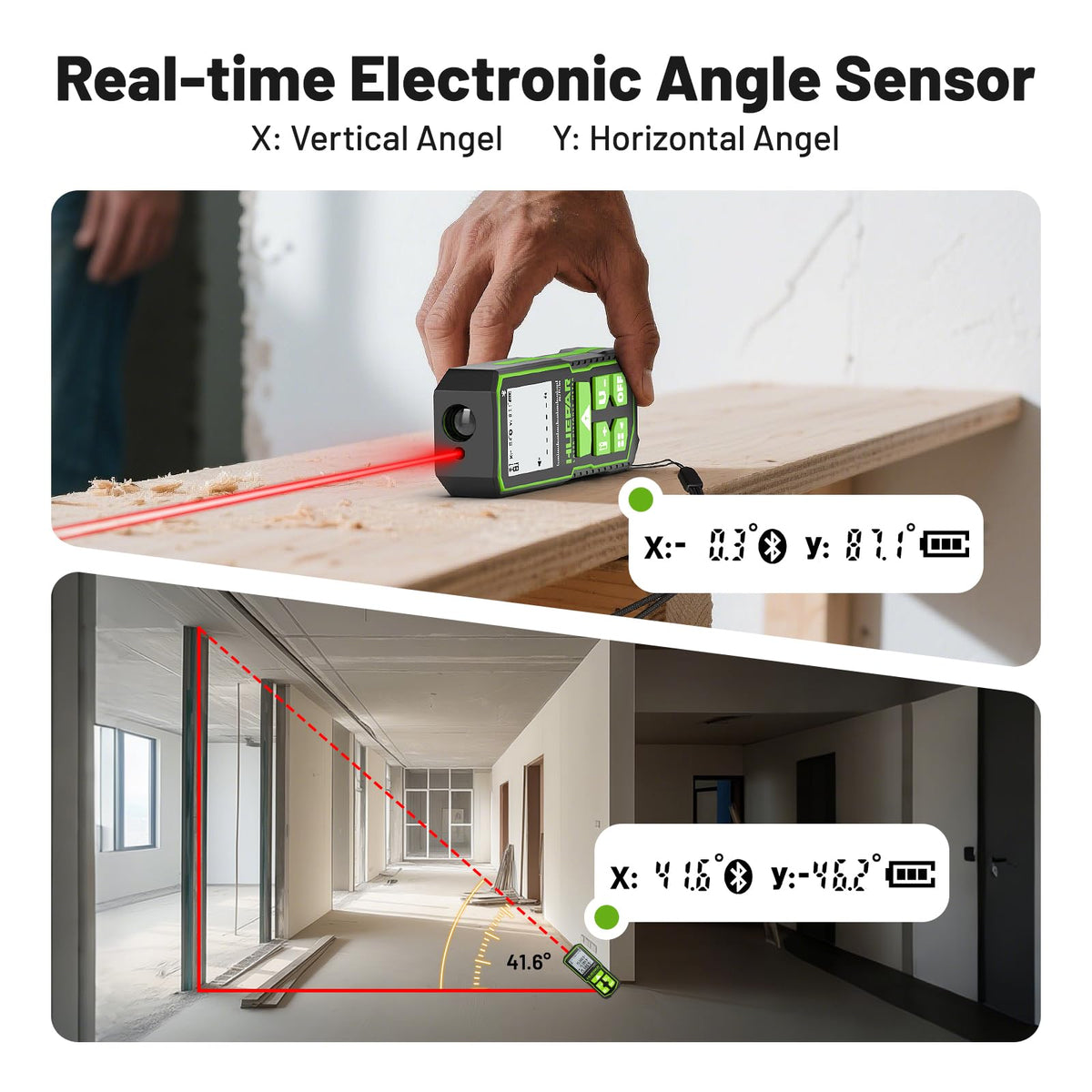 Laser Distance Measure 395 Feet with 60 Inch Tripod, Huepar Laser Distance Meter with Bluetooth & APP, Angle Sensor, 1/16in Accuracy Rechargeable Laser Measuring Tool, M/in/Ft Unit, Pythagorean Mode