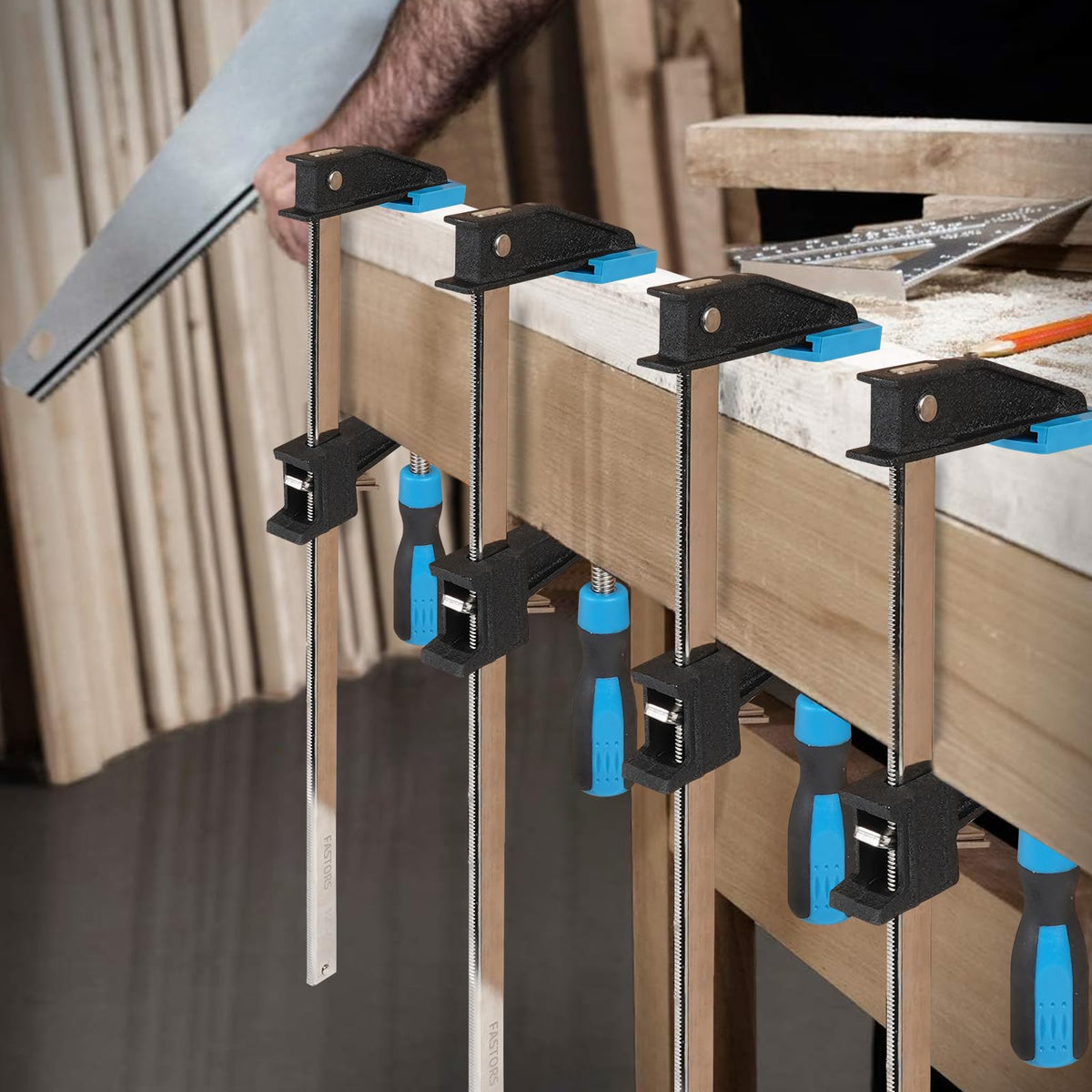 FASTORS Bar Clamps for Woodworking 36 Inch,4 Pack Wood Clamps Adjustable and Release Quickly,Woodworking Clamps Throat Depth 2.5 Inch,Serrated Steel Rail,Bar Clamps Force 600 Lbs