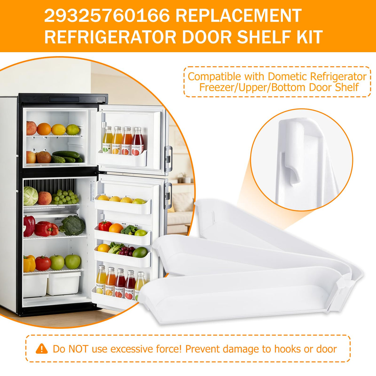 Genukraft 29325760166 RV Fridge Door Shelf Replacement Kit, Fit for Dometic DM2652 DM2852 RM Series Fridges 3 Pack White Freezer Upper Bottom Door Bin Snap-In Food Grade Replacement