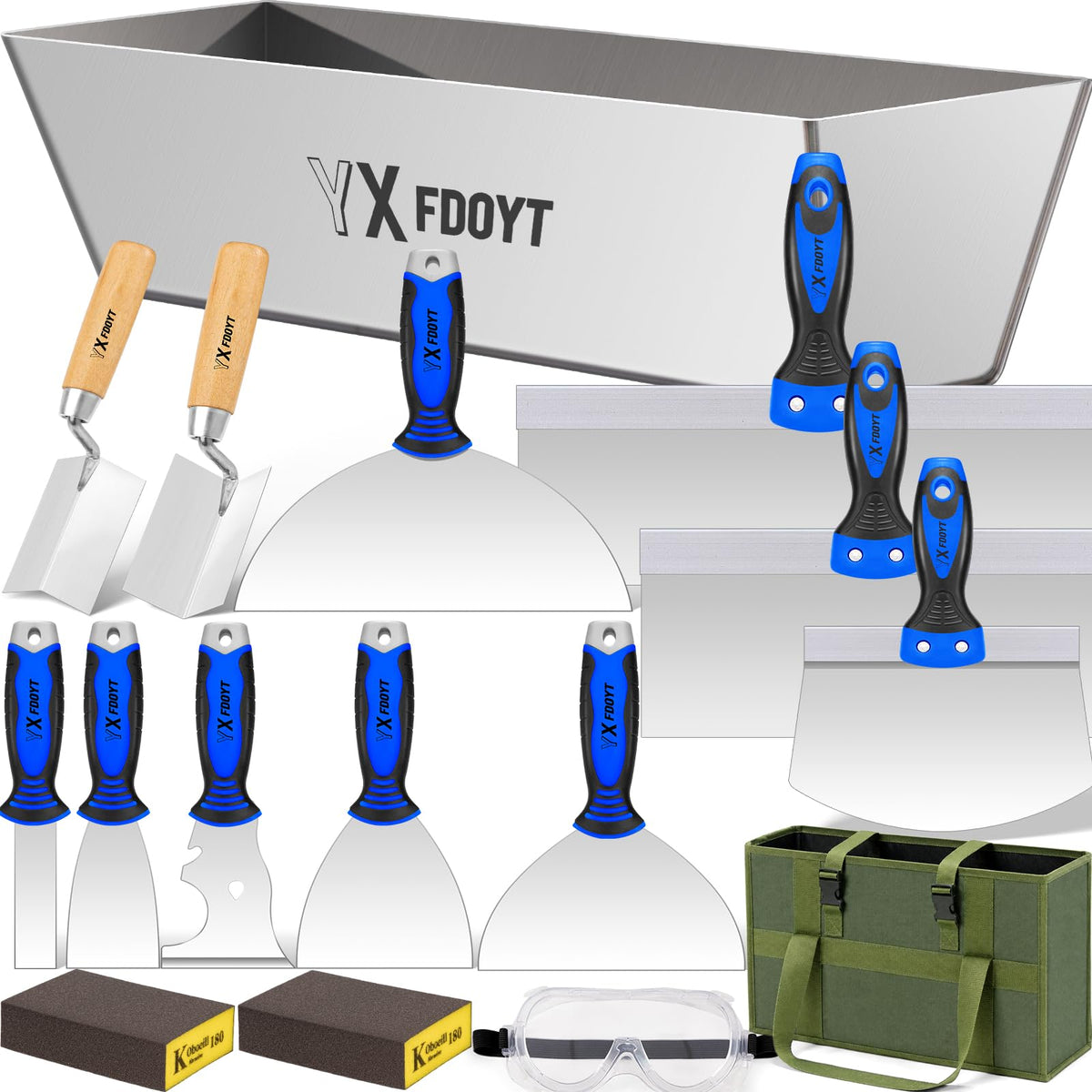 YXFDOYT 16Pcs Drywall Knife Set with 14"Drywall Mud Pan & Bag, Blue