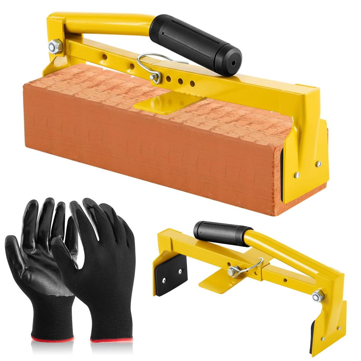 Lanties Adjustable Heavy Duty Brick Tongs Set Heavy Duty Block Tongs with Rubber Pad Handle and Work Gloves Adjustable 9-13.7 Inches Paver Tool for Bricks Lifting Carrying