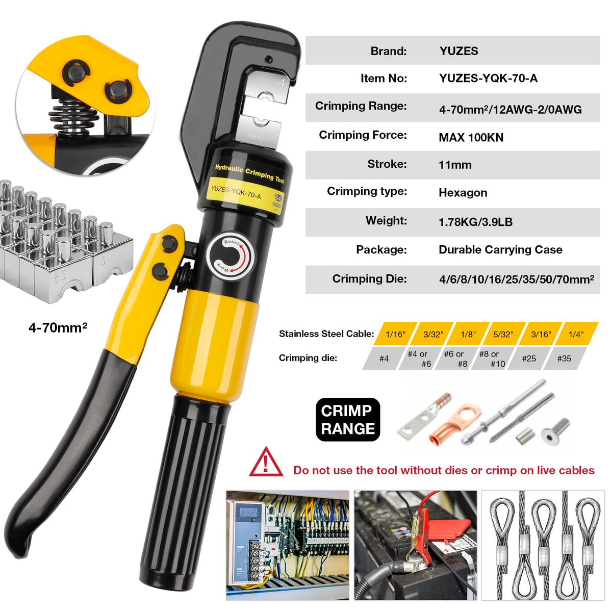 YUZES 10-Ton Hydraulic Crimping Tool, 12 to 2/0 AWG Battery Cable Crimper