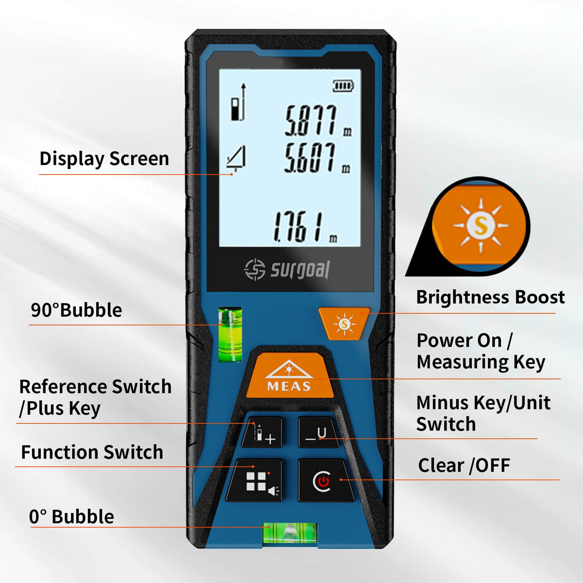 Laser Distance Measure Backlit LCD with Bubble Levels Enhanced-Bright 393FT