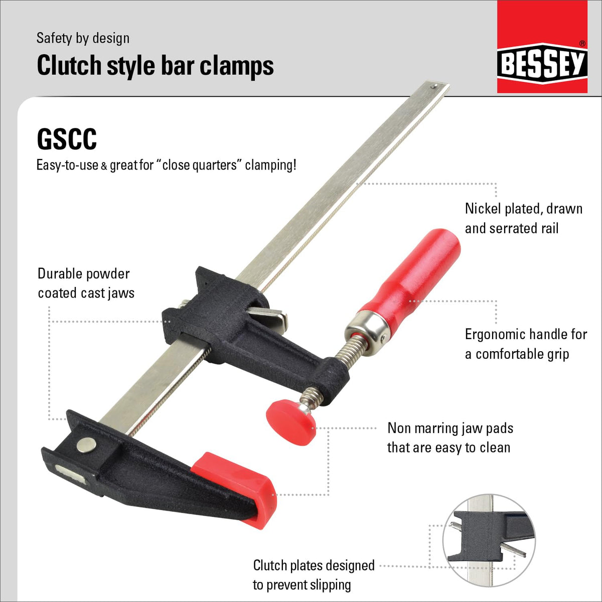 BESSEY GSCC4PK-C Clamp Set for Woodworking, F-style with Wood Handle, Replaceable Pads, 2 x 6 In and 2 x 12 In, 600 lb, Red/Black/Silver