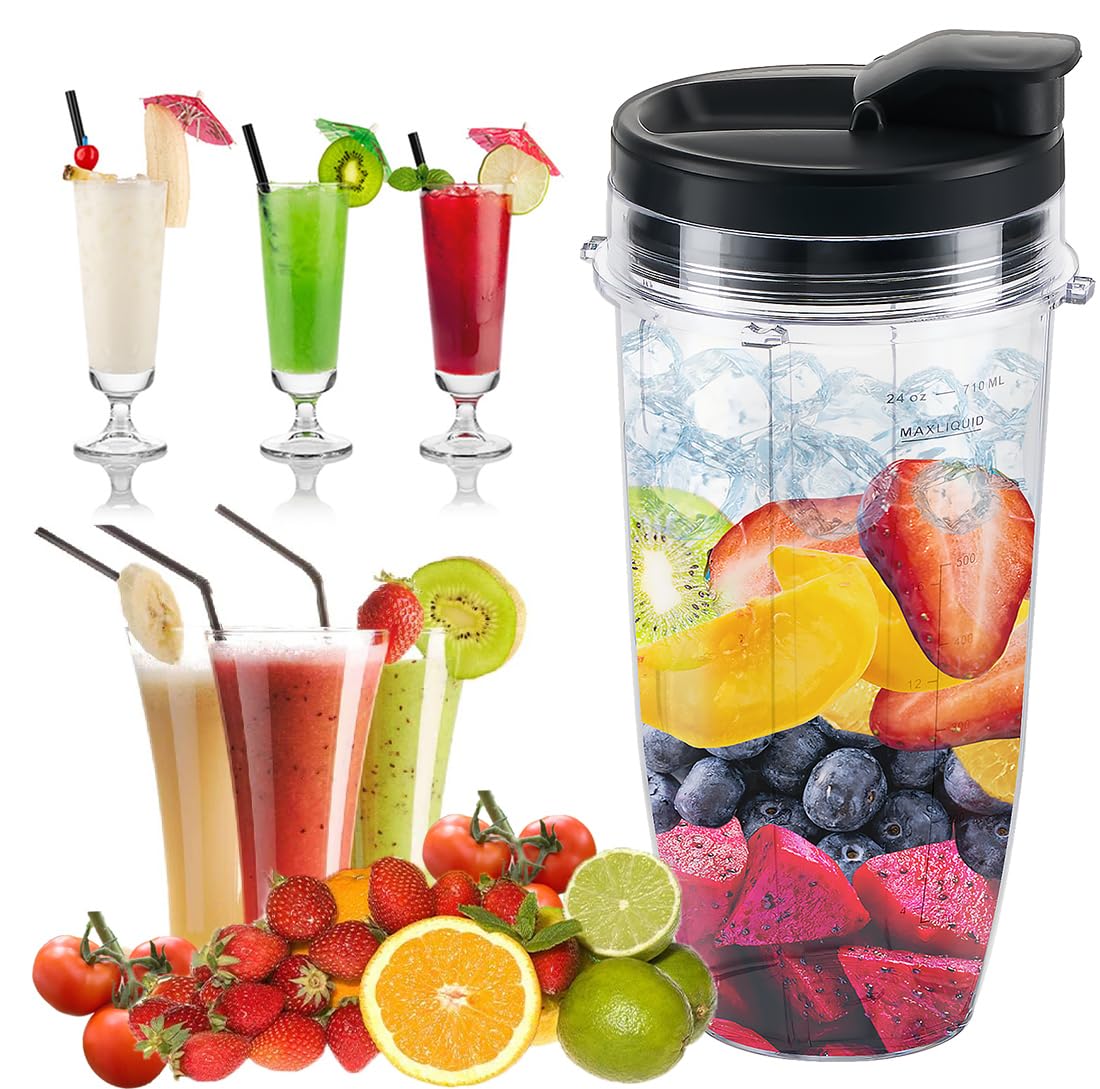 Replacement 24oz Blender Cup with Sip & Seal Lid For Nutri Ninja BL450 BL456 BL480 BL482 BL640 BL642 BL682 BN751 BN801 Foodi SS101 SS151 SS351 SS401 Ninja Blender Auto IQ Blade, 2-Pack …