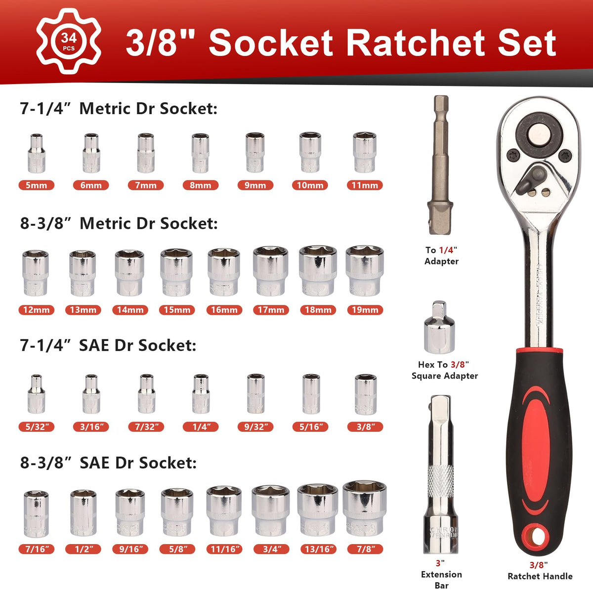 Egofine 34 Pieces 3/8 inch Drive Socket Ratchet Wrench Set, with Socket Set Metric/SAE and Extension Bar for Auto Repairing and Household, with Storage Case