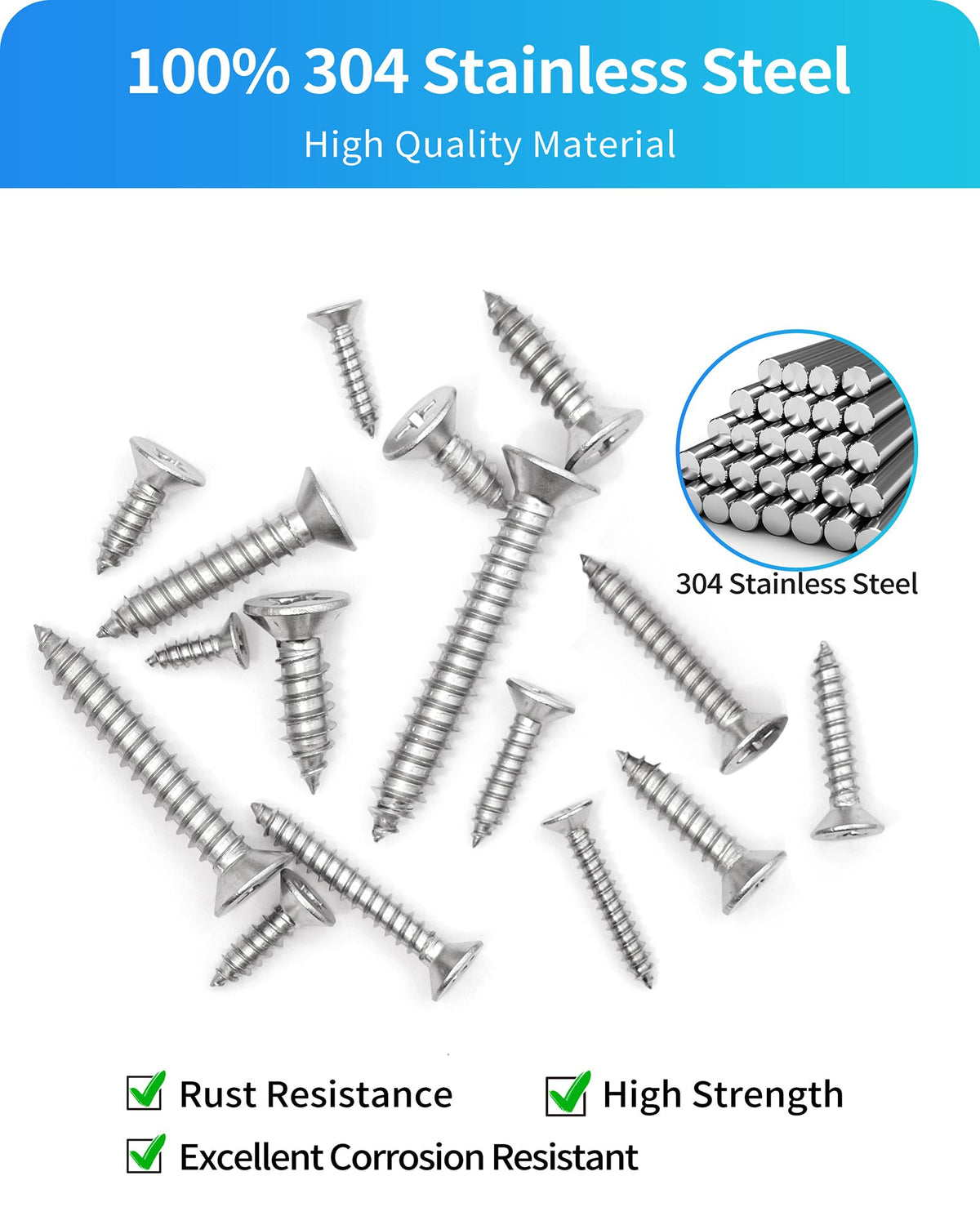 500Pcs 304 Stainless Steel Wood Screws Assortment Kit,#4#6#8#10#12 Assorted Screws,Phillips Drive Flat Head Sheet Metal Screw Self Tapping Screws Set, Length 3/8" to 2" (Silver-Flat Head)