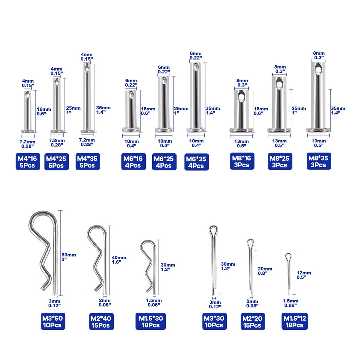 Boatsea 122Pcs Cotter Pin Hair Pin Clevis Pin Assortment Kit,R Clips Retaining Hair Pins Assortment, Including Single Hole Clevis Pin&Split Cotter Pin&R Clip Hitch Pin for Trailer Latch, Zinc-Plated