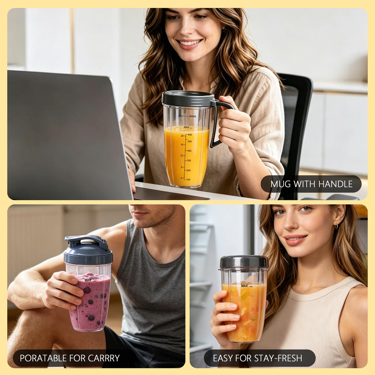 Nutribullet Blender Cups & Blade Replacement Set, 32oz & 24oz Nutribullet Cup with LidTo-Go Lid and Lip Ring, Replacement Parts for Nutri Bullet Blenders 600w & Pro 900w Accessories 6 PCS