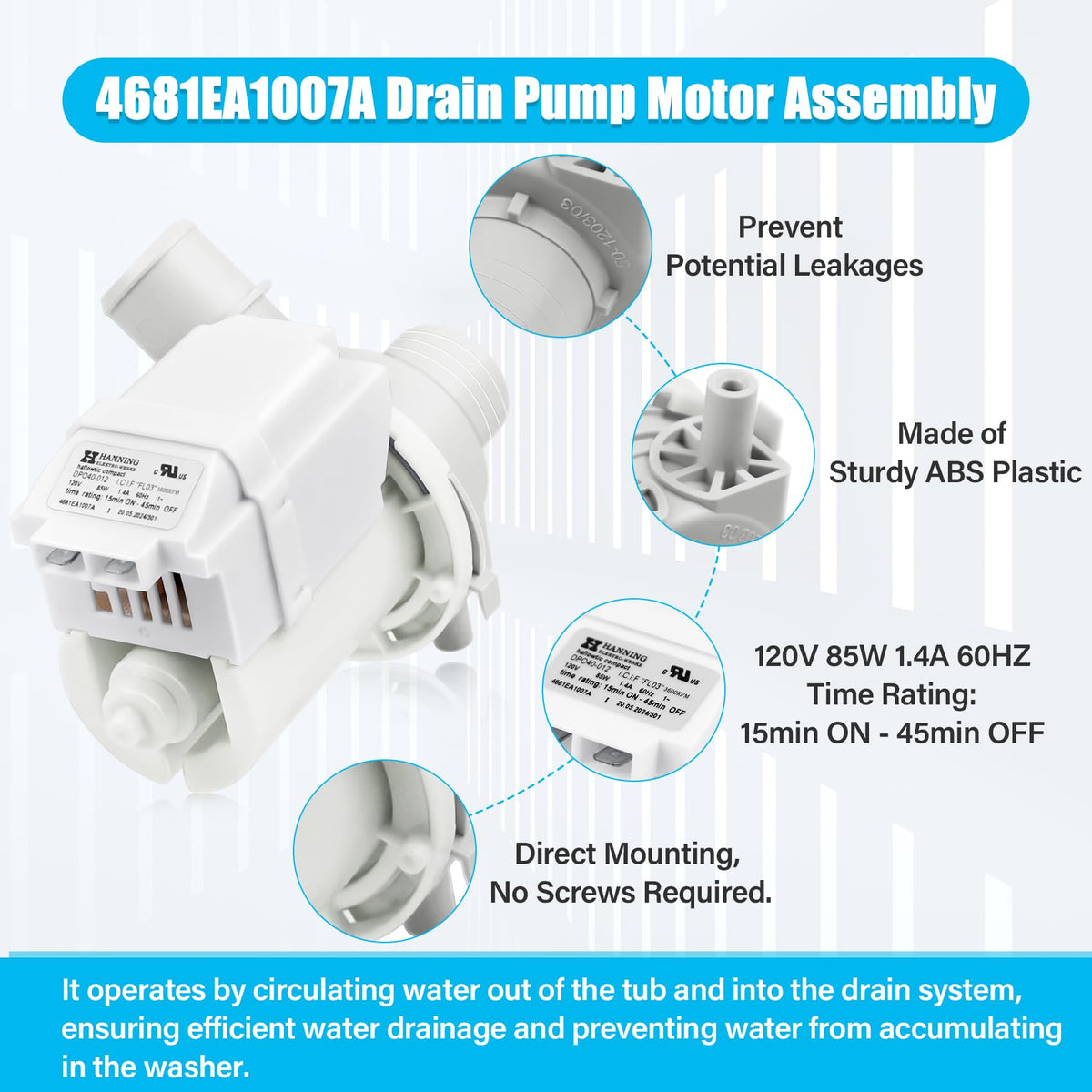 4681EA1007A DP040-012 Washer Drain Pump Assembly(OEM) Compatible with LG WT1501CW WT1201CV WT1201CW WT4870CW, Kenmore 796.31513210 and More, Replacement Parts 2649379 AP5672914 EAP7785119 PS7785119