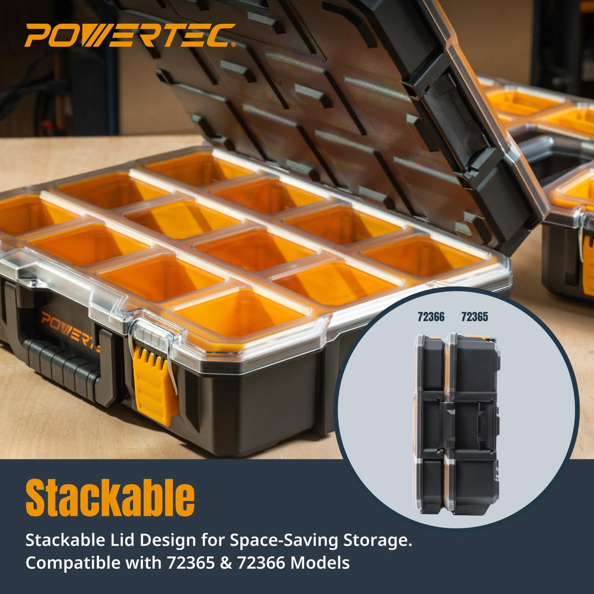 POWERTEC Small Parts Organizer & Tool Box – 20 Compartments, IP65 Water & Dust Protection, Stackable Storage with Interlocking Latch, Removable Bin, Dividers, Clear Lid, Portable Design (72366)