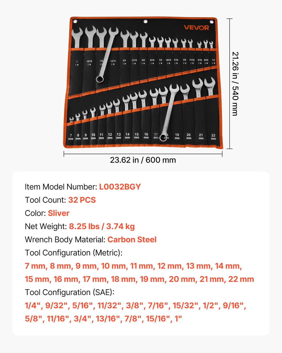 VEVOR 32-Piece Combination Wrench Set, Metric 7-22mm, SAE 1/4"-1"