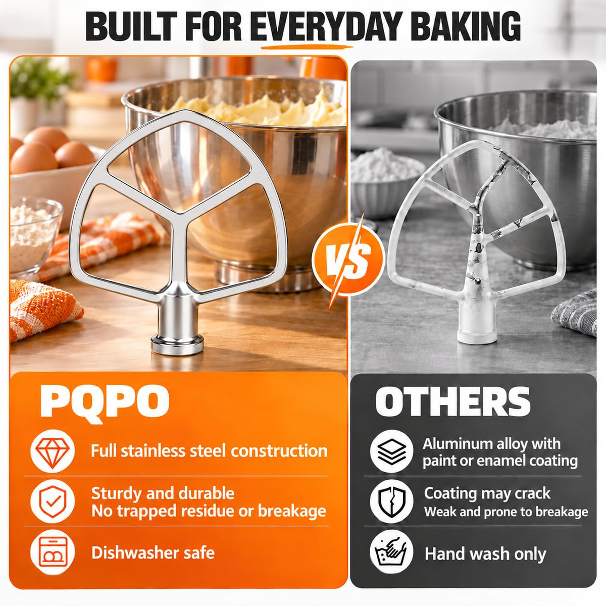 6 Quart Stainless Steel Flat Beater Compatible with KitchenAid 6 Quart Bowl-Lift Stand Mixers,perfect replacement accessory for mixing cookie dough, cake batter,Dishwasher Safe