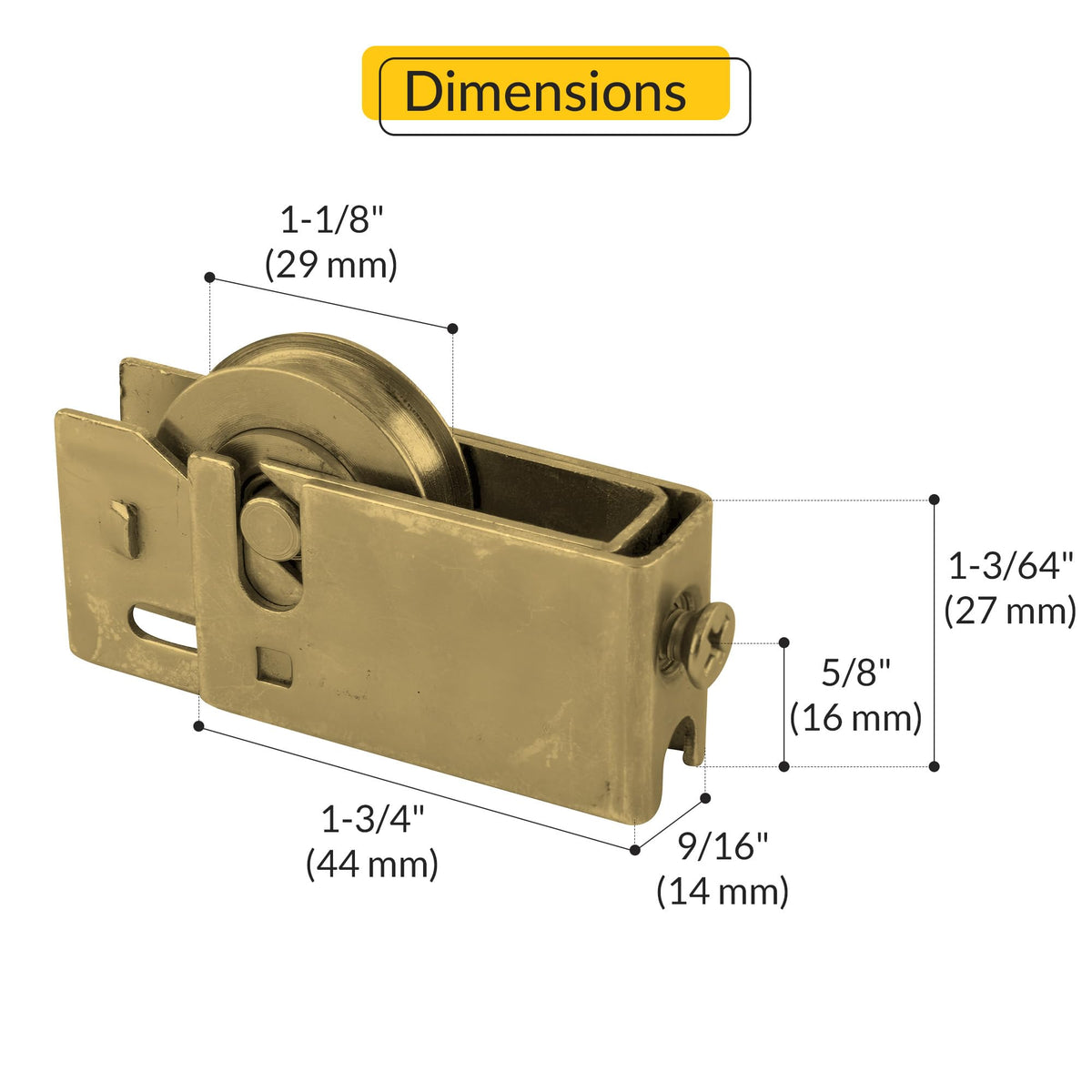 Brixwell Sliding Patio Door Roller Assembly with 1-1/8" Steel Wheel, 1" Height, 1-7/8" Length, 17/32" Width, Dichromate Finish for Sliding Door Hardware and Door Roller Replacement Applications